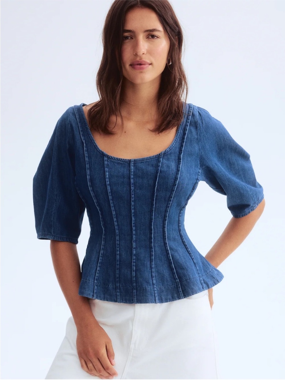 H&M Blue Denim Peplum Scoop-Neck Blouse